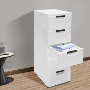 Ringmaster Vertical Stackable Drawers Dresser,5 Tier Clothes Storage Tower with 4 Wheels and 5 Drawers,Storage Organizer Rack Movable Storage Cabinet Closet for Clothes,Towels,Toys (White)