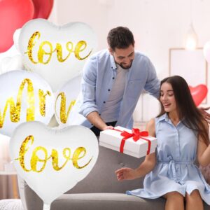 Totelux Wedding White Balloons Kit Glitter Mr Mrs Love Foil Balloons Round Heart Aluminum Balloons Set for Birthday Engagement Bridal Shower Party Decorations Supplies (9Pcs)