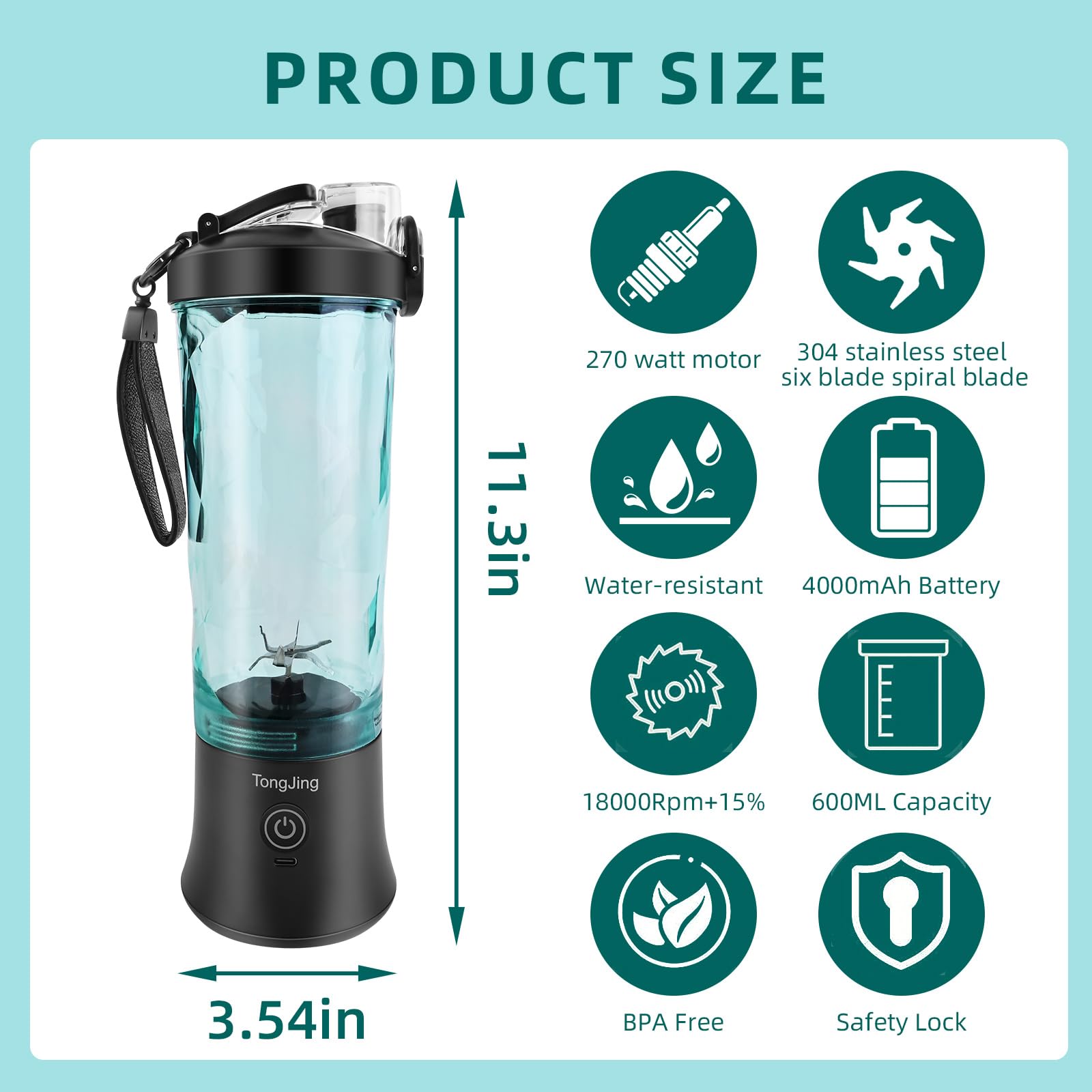 Portable blender,Big Power Personal Size Blender for Shakes and Smoothies with 6 Blades,20OZ Juicer Cup USB Rechargeable Blender for Kitchen，Outdoor（Black）