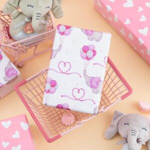 Flyhill Pink Adorable Elephant Baby Shower Wrapping Paper-Reversible Girly Baby Balloon & Love Heart Newborn Themed for Baby Shower,Birthday,Holiday-46.8sqft(17 In * 32.8 Ft)