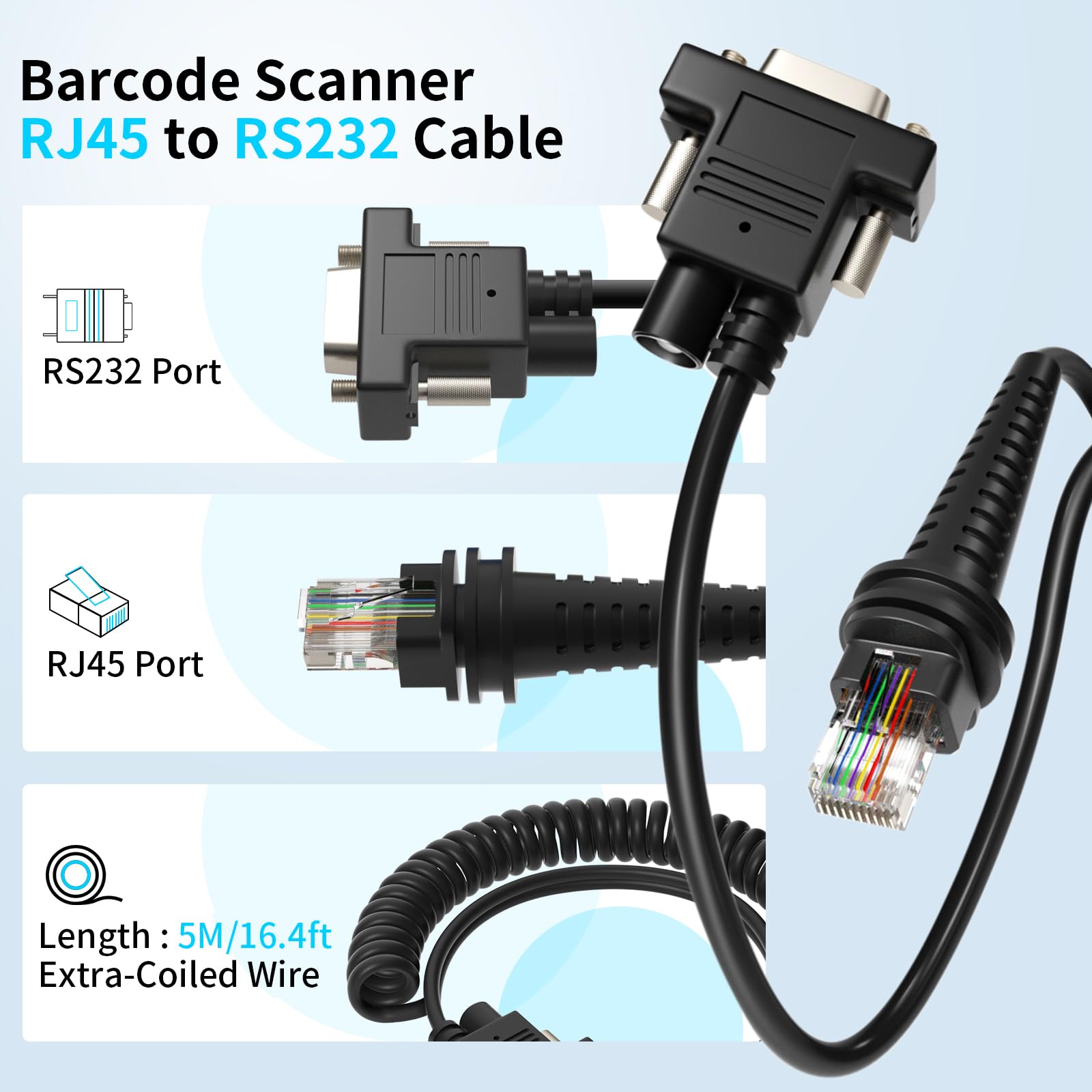 16ft Barcode Scanner Cable RJ45 RS232 to RJ45 Cable for Honeywell 1900 Cable 1200G 1202G 1250G 1280i 1300G 1400G 1450G 1452G 1470G 1900GHD 1900GSR 1902GHD 1902GSR 1950GHD 1980i 1472G Power Cord (2)