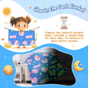 Glow in The Dark Axolotl Blankets,Throw Blanket Toys Gifts for 3 4 5 6 7 8 9 10 Years Old Kids Boys Girls,Soft Cute Glowing Blanket Present for Birthday Christmas Easter Valentines, 60"x50"