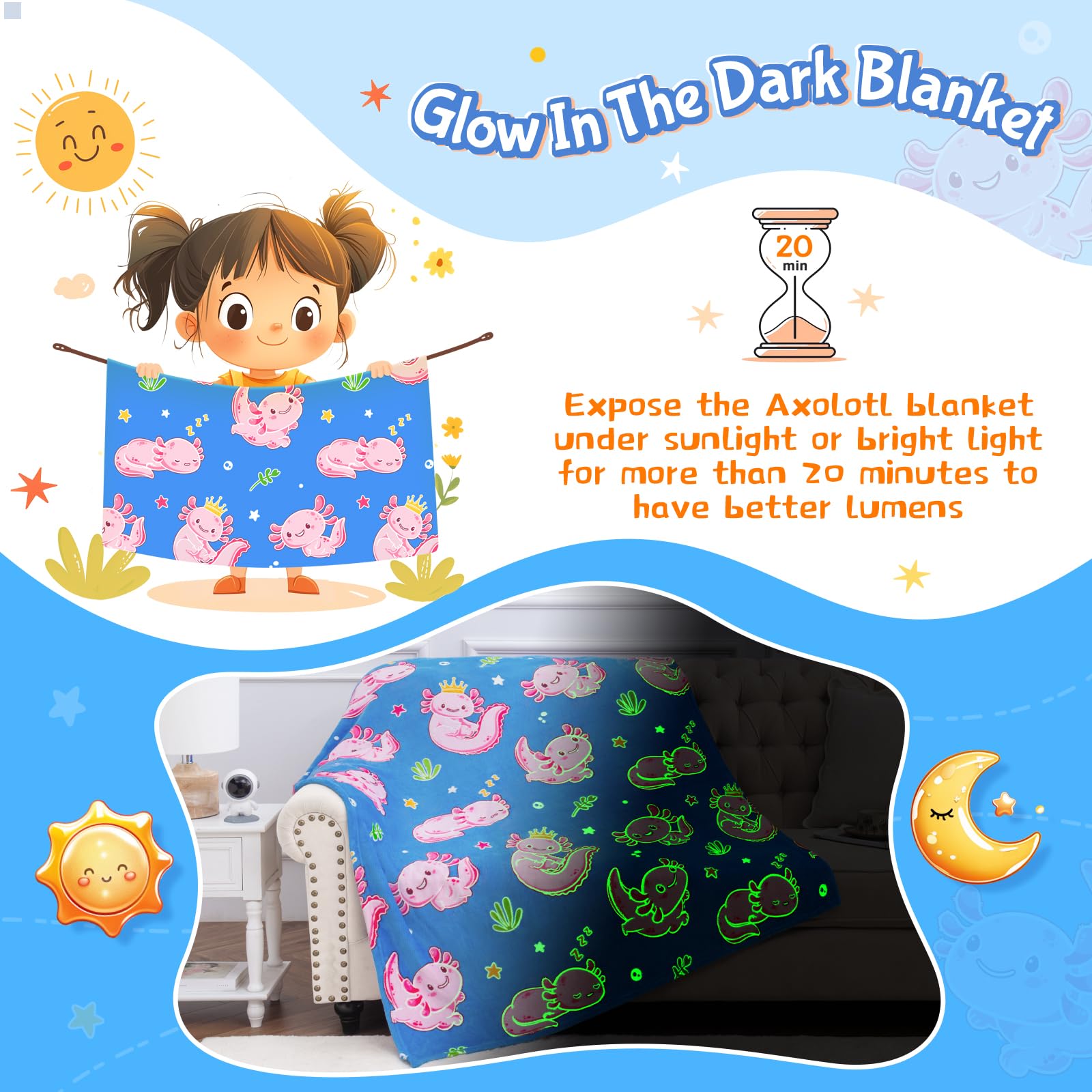 Glow in The Dark Axolotl Blankets,Throw Blanket Toys Gifts for 3 4 5 6 7 8 9 10 Years Old Kids Boys Girls,Soft Cute Glowing Blanket Present for Birthday Christmas Easter Valentines, 60"x50"