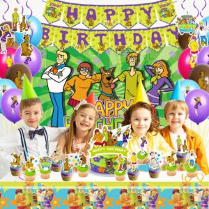 Scooby Dog Doo Birthday Party Supplies, Dog Party Decorations Including Birthday Banner, Backdrop, Hanging Swirls, Tablecloth, Balloons, Cake Toppers for Dog Party Supplies