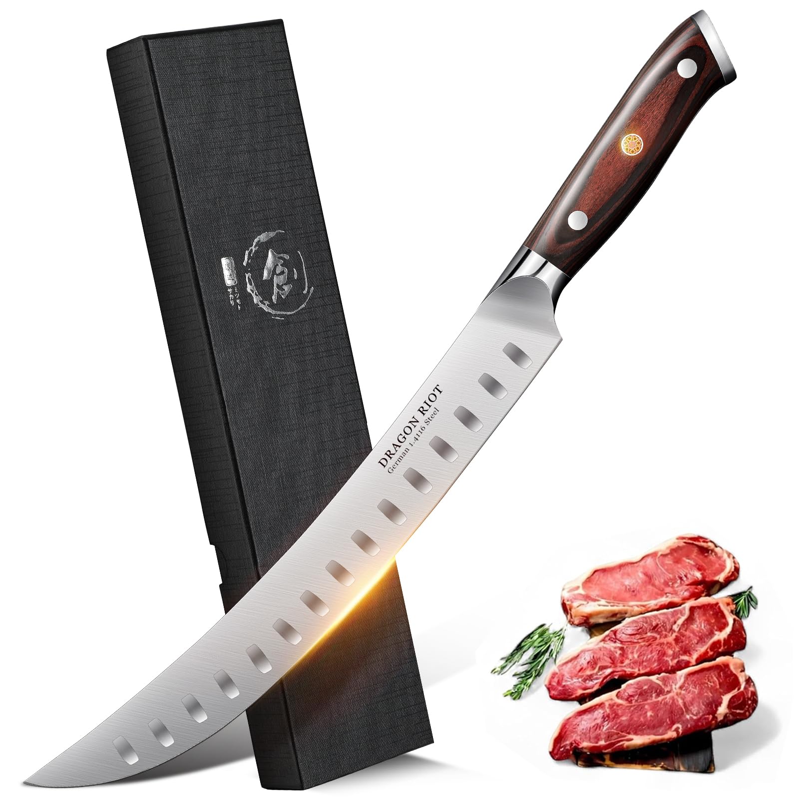 DRAGON RIOT 10 inch Premium Brisket Carving Knife, Razor Sharp Brisket Knife with Ergonomic Handle Design, Granton Edge, Hand Forged Slicing Knife for Meat and BBQ Cuting Gift for Men