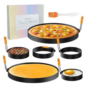 bytana 6 pcs egg rings set with oil brush, 8" omelette ring of 2, 3.5" egg rings of 4, non-stick round crumpet ring with heat-resistant silicone handle for frying eggs muffins cooking