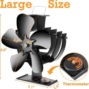 CWLAKON Wood Stove Fan 60° Oscillating Large Size, 5 Blades Heat Powered Stove Fan, Silent Eco Stove Top Fans with Thermometer, Non Electric Fireplace Fan for Gas, Pellet, Wood Burning Stove