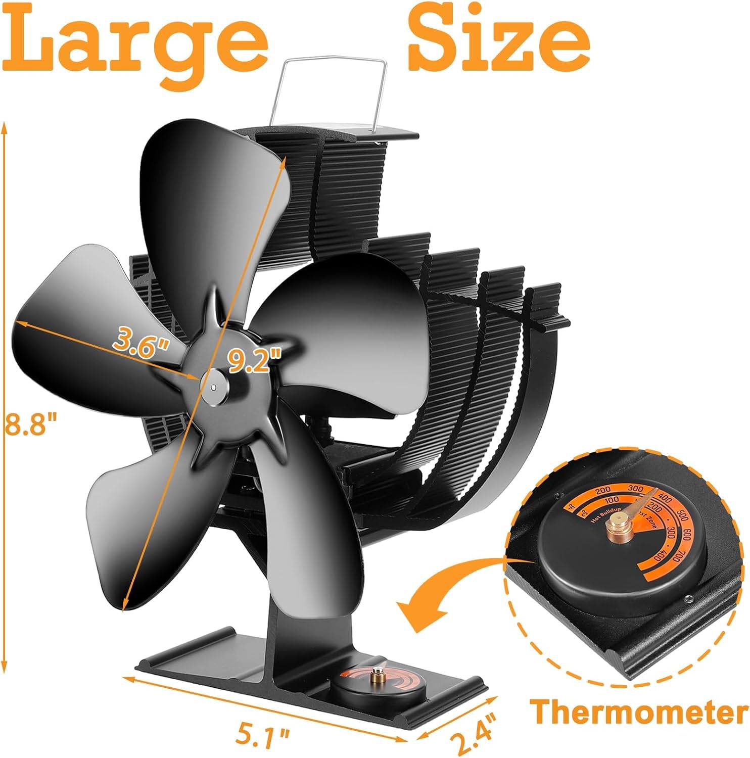 CWLAKON Wood Stove Fan 60° Oscillating Large Size, 5 Blades Heat Powered Stove Fan, Silent Eco Stove Top Fans with Thermometer, Non Electric Fireplace Fan for Gas, Pellet, Wood Burning Stove