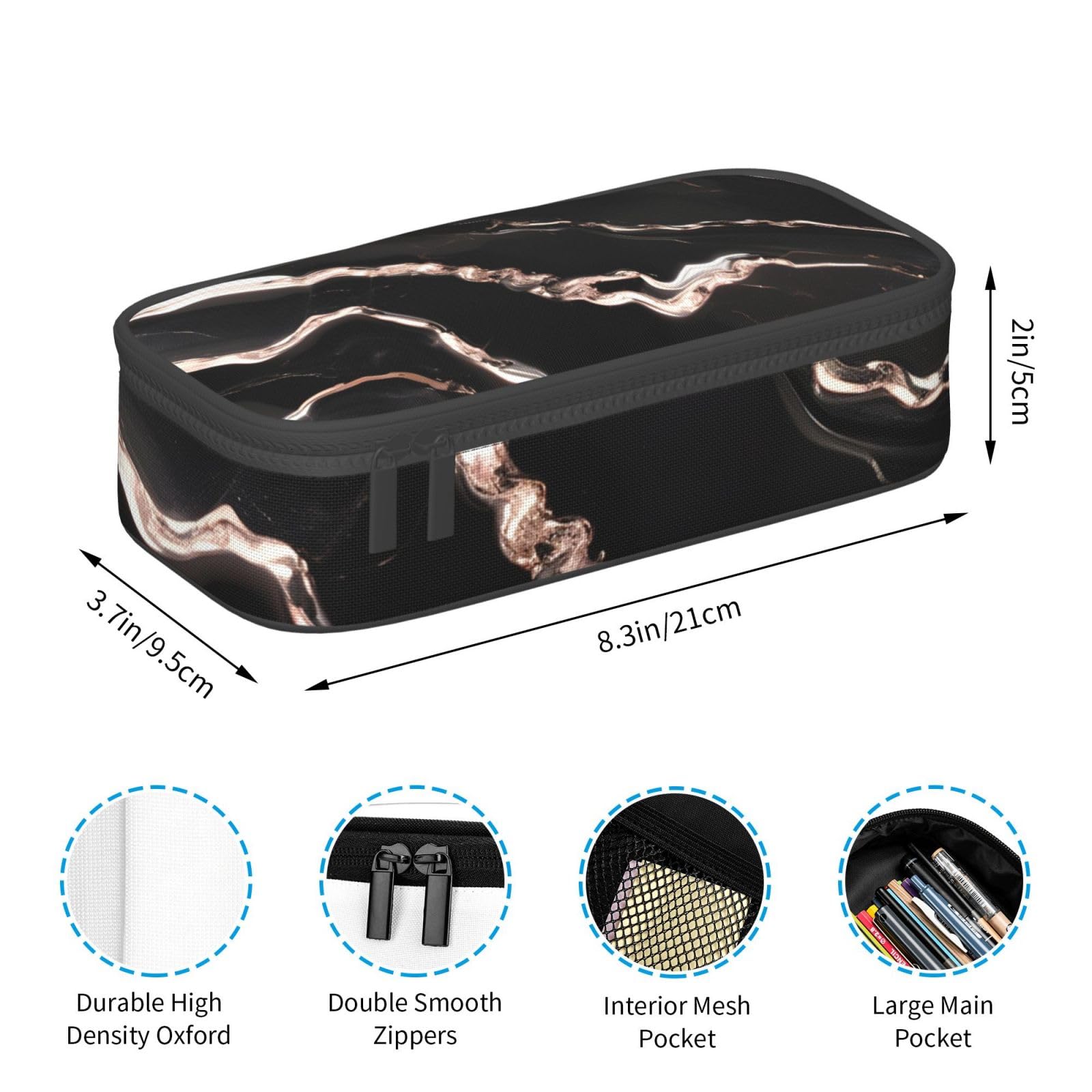 QHWLR Black rose gold Marble print Pencil Case Large Capacity Pen Pouch for interlayer Adults Cosmetic Bag Supplies ﻿