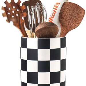 Swkien Utensil Holder，7.2 Inch Checkered Utensil Holder, Ceramic Cooking Utensil Spoon/Spatula Holder for Countertop, Kitchen Decor and Accessories for counte(Black)