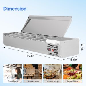 ROVSUN 59" Refrigerated Condiment Prep Station Sandwich Prep Table ETL NSF, 34.2QT Salad Bar Prep Rail w/Auto Defrost Temp Control Stainless Steel Cover 6 * 1/3 Pan for Restaurant Food Truck