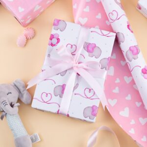 Flyhill Pink Adorable Elephant Baby Shower Wrapping Paper-Reversible Girly Baby Balloon & Love Heart Newborn Themed for Baby Shower,Birthday,Holiday-46.8sqft(17 In * 32.8 Ft)