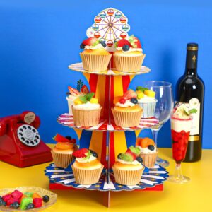 UPINS Carnival Theme Cupcake Stand,Carnival Theme Party Decorations Circus Theme 3 Tier Cupcake Stand Circus Cardboard Cupcake Holder Tower for Carnival Circus Theme Birthday Party Favors Supplies