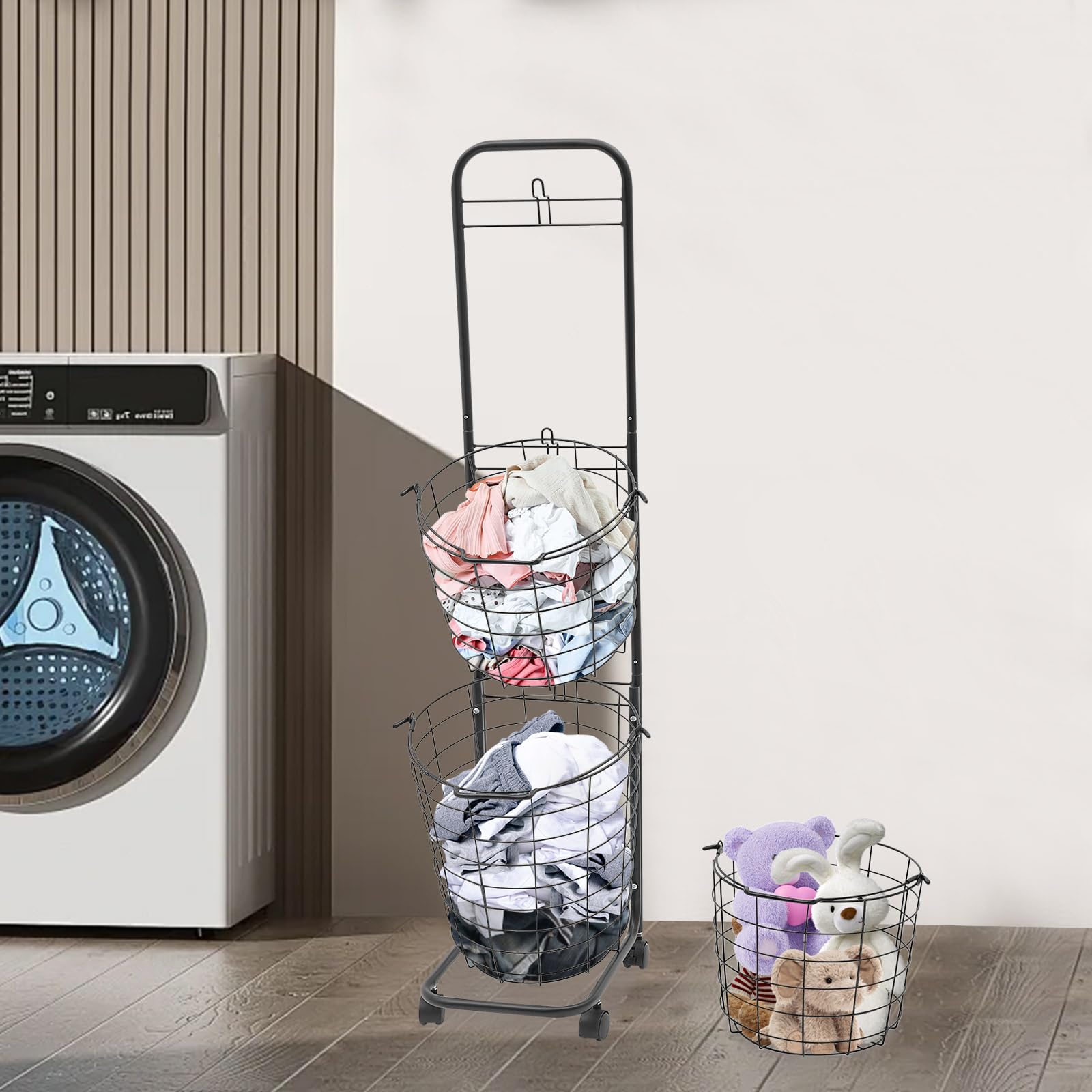 3 Tier Laundry Basket on Wheels, Large Laundry Hampers with 3 Removable Wire Basket, Clothing Sorting Laundry Baskets for Laundry Rooms, Balconies, Toilets, Bedrooms for Daily Necessities