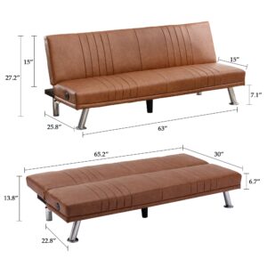 VECELO Sectional Convertible Sofa Bed Faux Leather Folding Sleeper Futon for Living Room, Brown