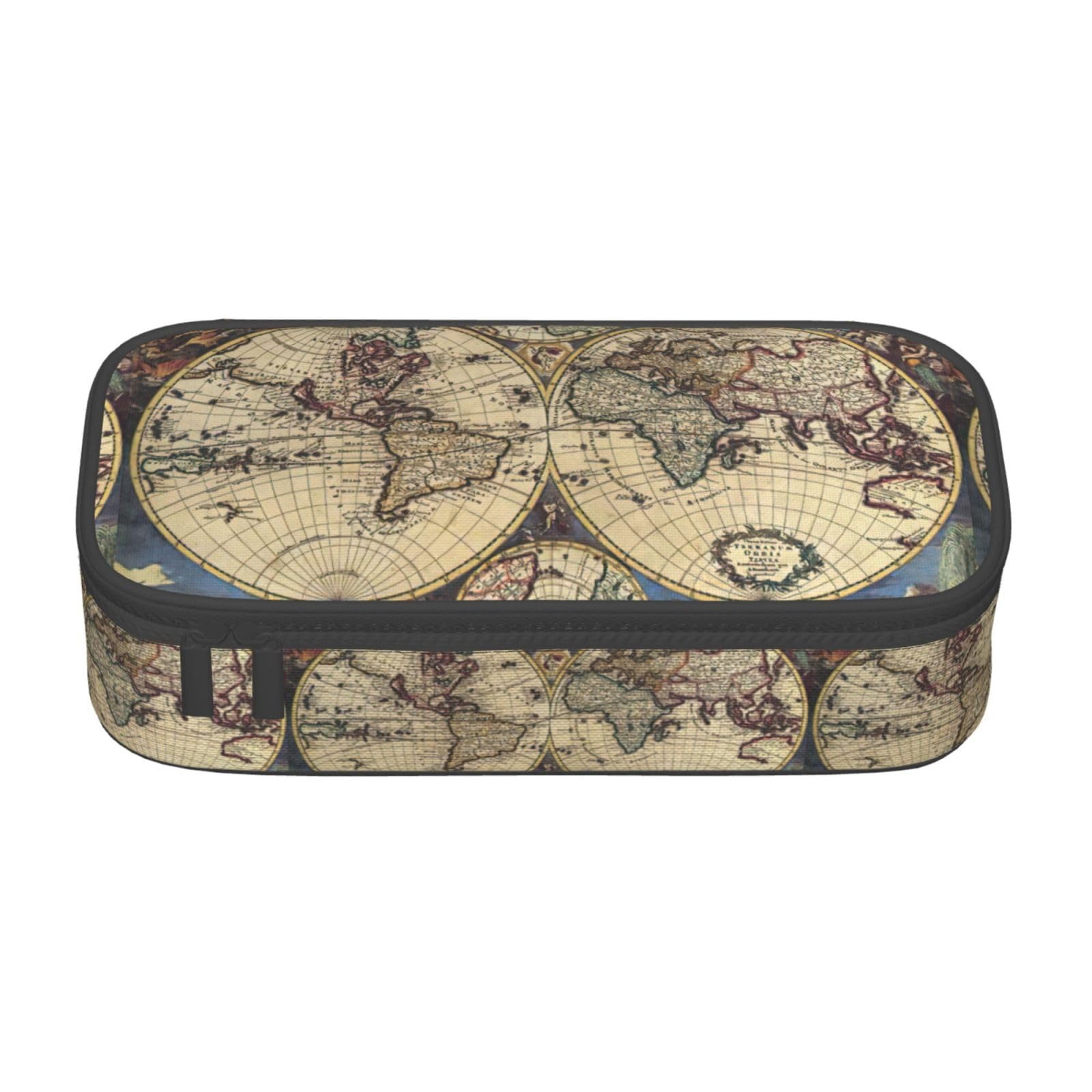 QHWLR Ancient Map World Globe print Pencil Case Large Capacity Pen Pouch for interlayer Adults Cosmetic Bag Supplies ﻿, Black