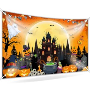 avezano happy halloween banner spooky halloween backdrop trick or treat halloween banner halloween party decorations kids outdoor 70.8x43.3 inch, orange