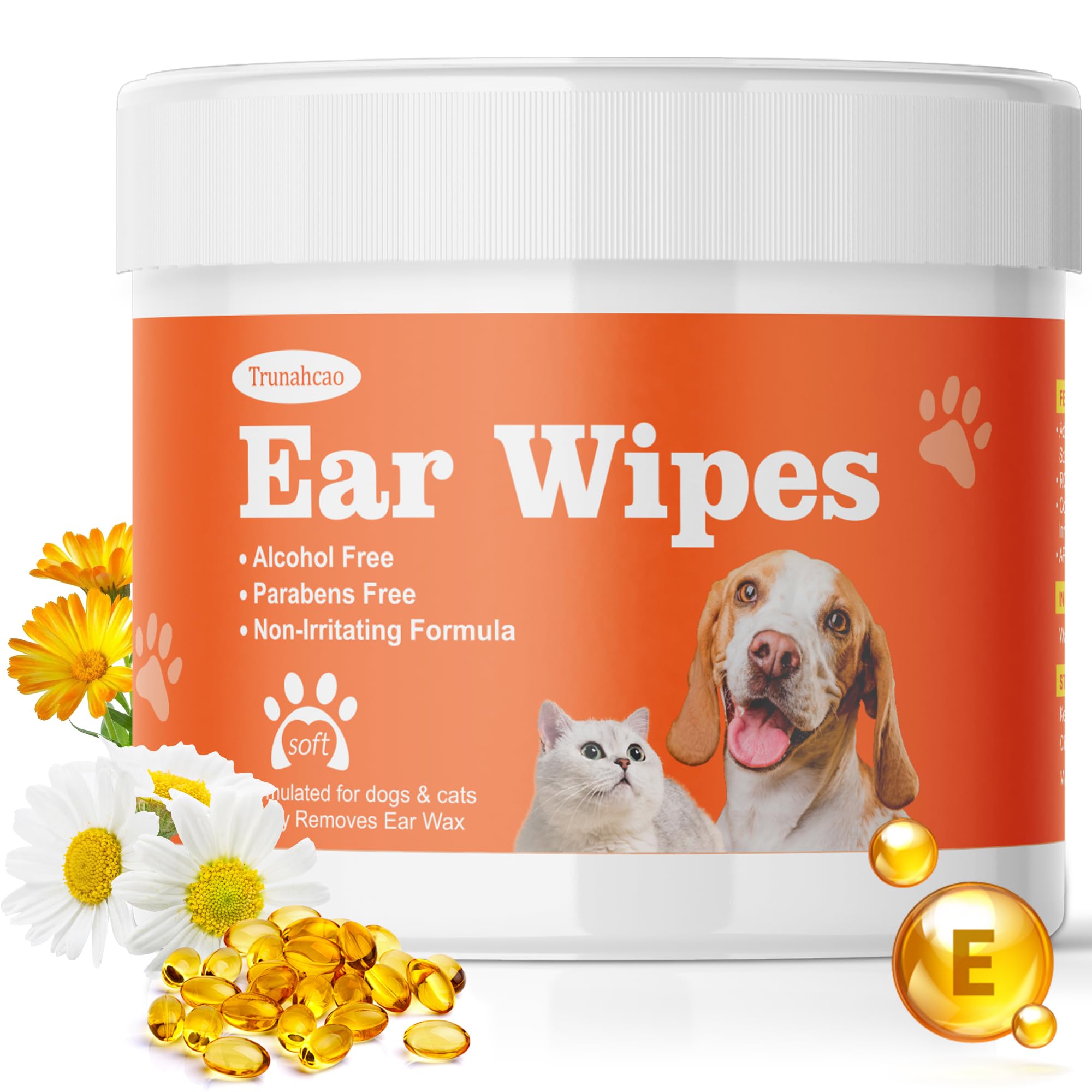 Trunahcao Dog Ear Wipes, Dog Ear Cleaner Wipes Ear Cleaning Wipes for Dogs,Cats - Gently Remove Ear Wax - Relieve Ear Infections, Itching,Scratching,120ct (3.15in) Pet Ear Cleanser