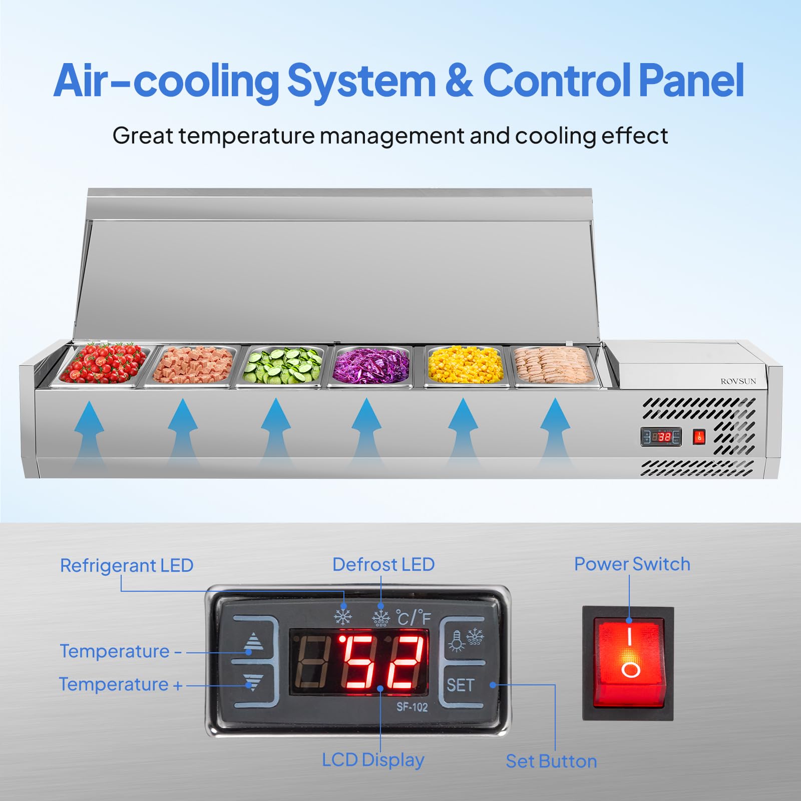 ROVSUN 59" Refrigerated Condiment Prep Station Sandwich Prep Table ETL NSF, 34.2QT Salad Bar Prep Rail w/Auto Defrost Temp Control Stainless Steel Cover 6 * 1/3 Pan for Restaurant Food Truck
