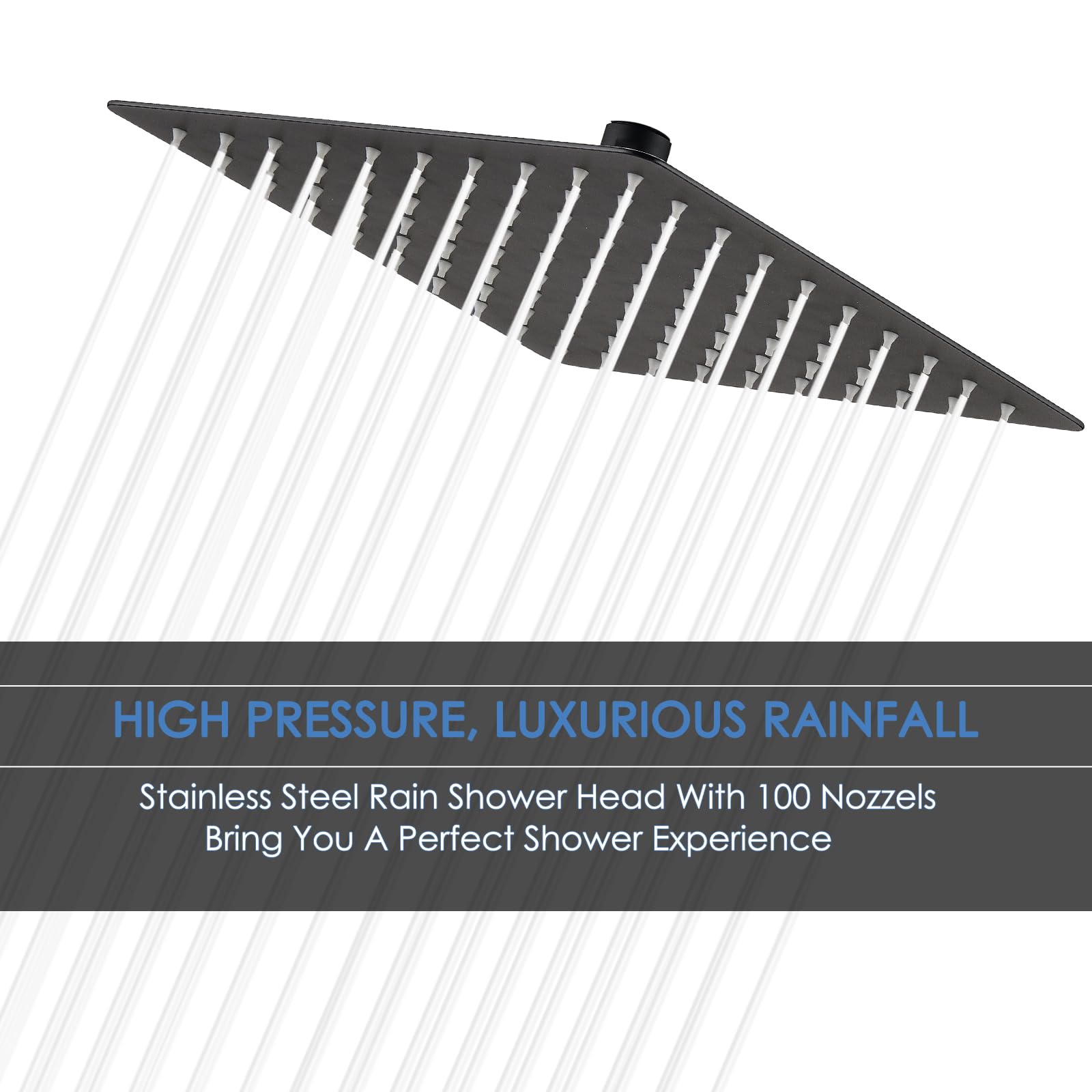 10 Inch Rain Shower Head, 10" Square Rainfall & High Pressure Stainless Steel Bath Showerhead, Waterfall Full Body Coverage With Silicone Nozzle