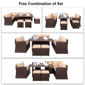 VINGLI 8 Pieces Outdoor Patio Furniture Set with Dining Table&Chairs, Wicker Patio Dining Set for 8, All Weather Outdoor Sectional Sofa Conversation Set with Ottoman