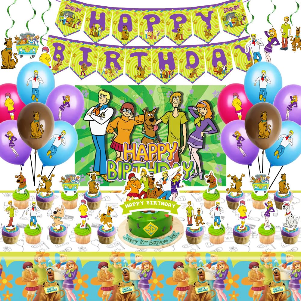 Scooby Dog Doo Birthday Party Supplies, Dog Party Decorations Including Birthday Banner, Backdrop, Hanging Swirls, Tablecloth, Balloons, Cake Toppers for Dog Party Supplies