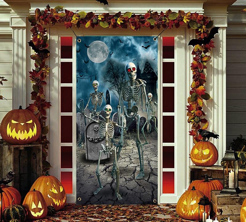 Generic Halloween Door Cover Decorations Scary Skeleton Theme Door Backdrop Halloween Photo Props Halloween Party Front Door Decorations Banner (6x3（180cmx90cm）)