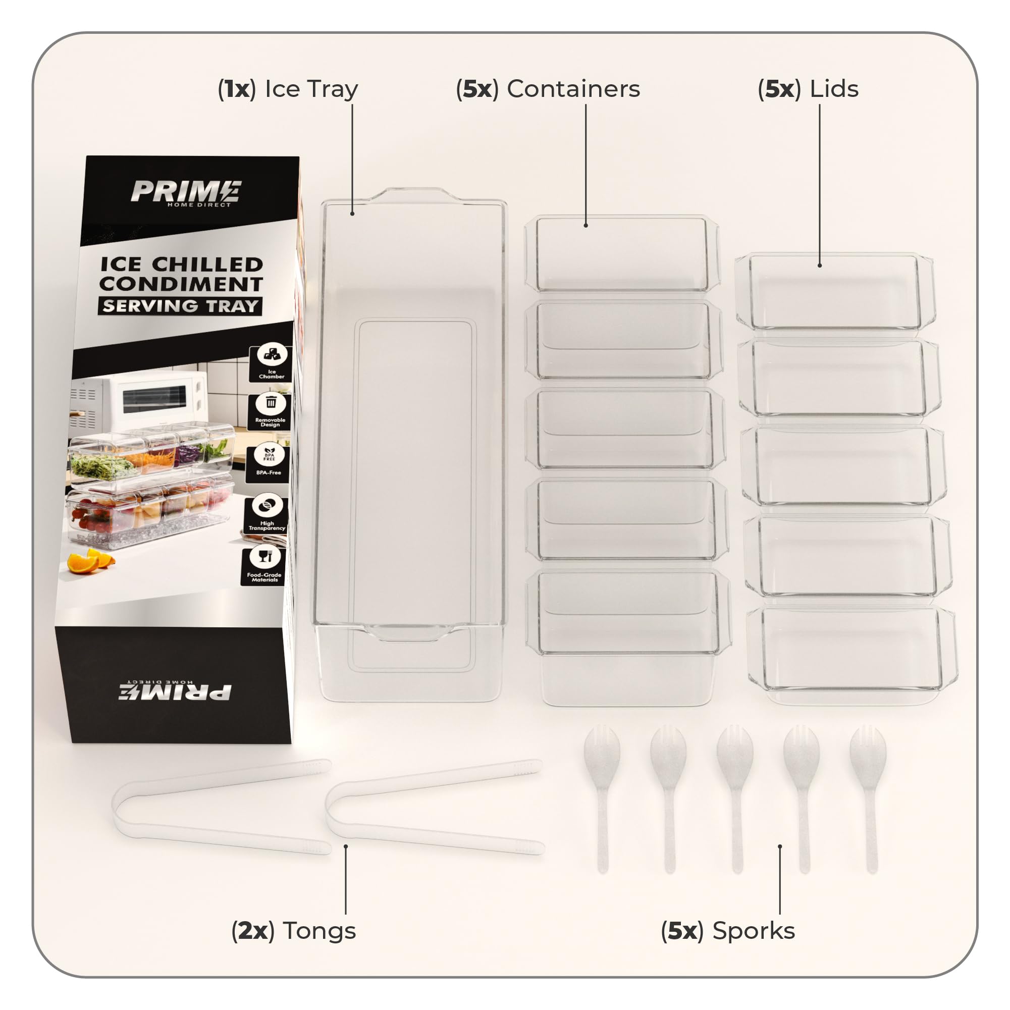 Prime Home Direct Ice Chilled Condiment Caddy | 5 Containers & Lids | Hosting Party Supplies Serving Tray Platter | Buffet, Food Server, Fruit, Garnish, Mimosa, Salad, Taco Bar Accessories Organizer