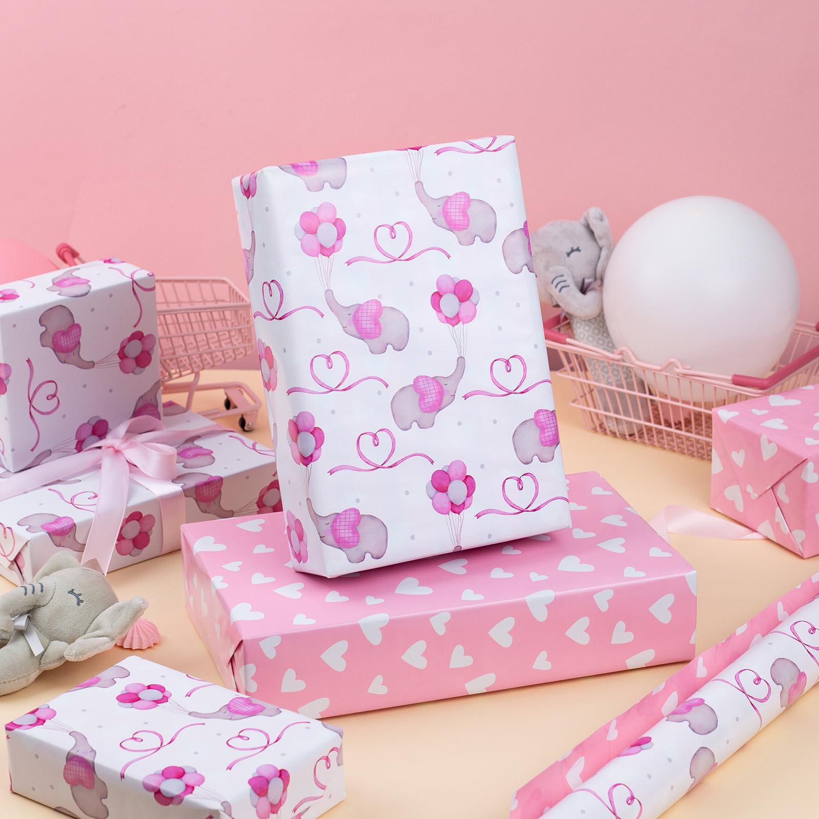 Flyhill Pink Adorable Elephant Baby Shower Wrapping Paper-Reversible Girly Baby Balloon & Love Heart Newborn Themed for Baby Shower,Birthday,Holiday-46.8sqft(17 In * 32.8 Ft)