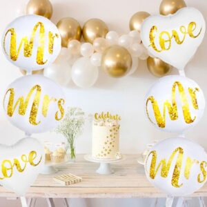 Totelux Wedding White Balloons Kit Glitter Mr Mrs Love Foil Balloons Round Heart Aluminum Balloons Set for Birthday Engagement Bridal Shower Party Decorations Supplies (9Pcs)