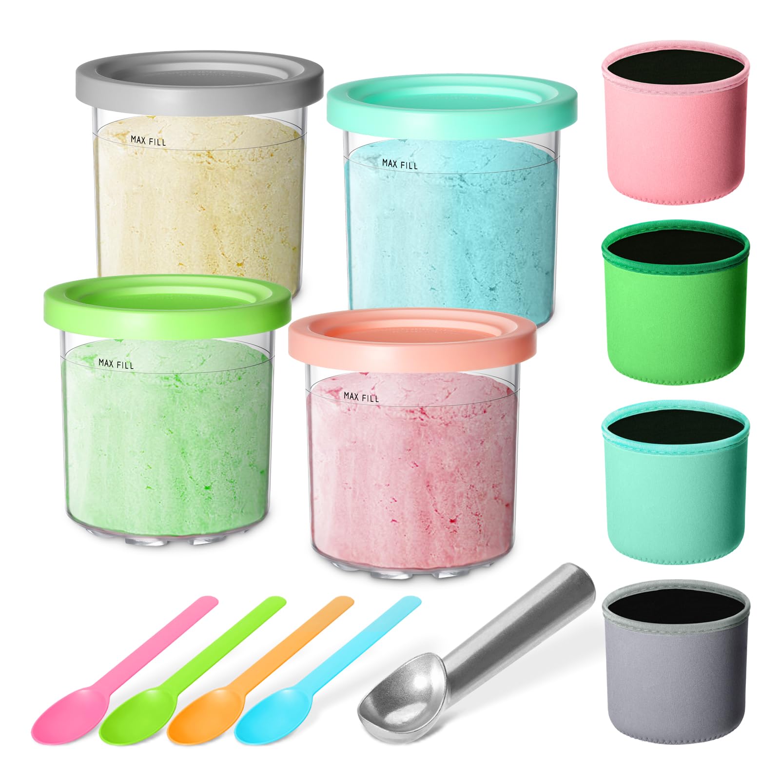 For Ninja Creami Pints and Lids-4 Pack, 16oz Cups Compatible with Ninja Ice Cream Maker NC301 NC300 NC299AMZ NC290 Series, Replacements for Ninja Creami Containers with Insulated Sleeves(Solid)