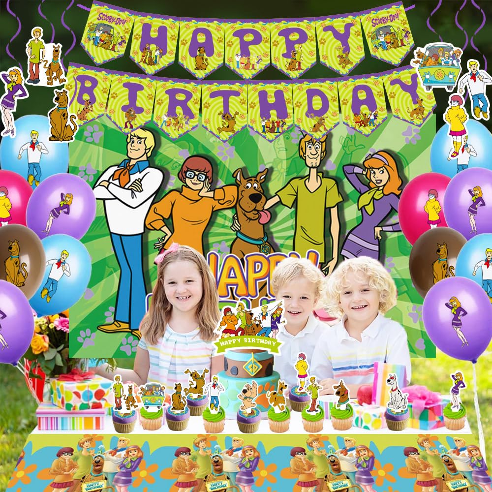 Scooby Dog Doo Birthday Party Supplies, Dog Party Decorations Including Birthday Banner, Backdrop, Hanging Swirls, Tablecloth, Balloons, Cake Toppers for Dog Party Supplies