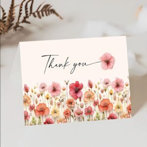 25 Pack, Floral Thank You Cards, Thank You Cards with Envelopes, Small Thank You Cards, Thank You Nores with Envelopes, Wildflower, Thank You Cards for Birthday, Baby Shower, Bridal Shower, Wedding