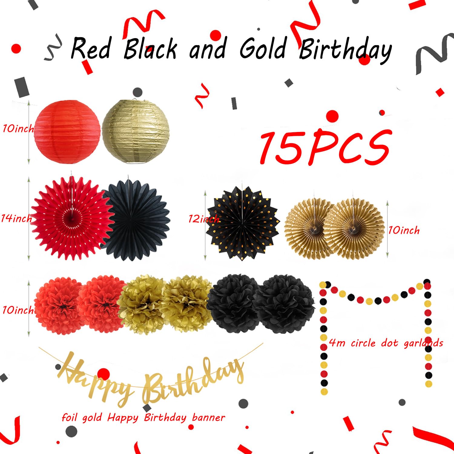 Red Black Gold Birthday Party Decorations Paper Lanterns Pom Poms Flowers Fans Casino Theme Party Decorations for Birthday Wedding Anniversary Bridal Shower Bachelorette Baby Shower Party