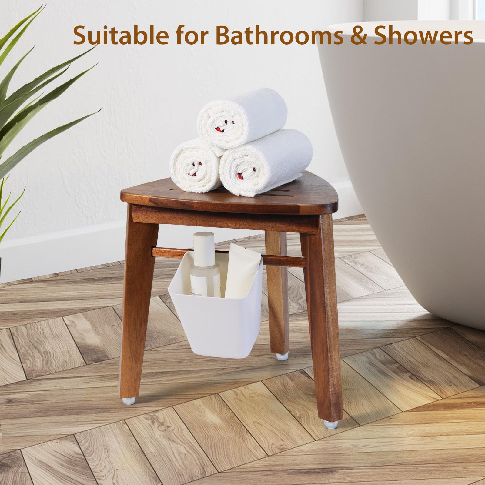 Boulphia 12.8'' Shower Stool for Inside Shower, Acacia Wood Shower Foot Rest for Shaving Legs, Waterproof Corner Shower Stool with Storage Shelf for Inside Small Shower Spaces