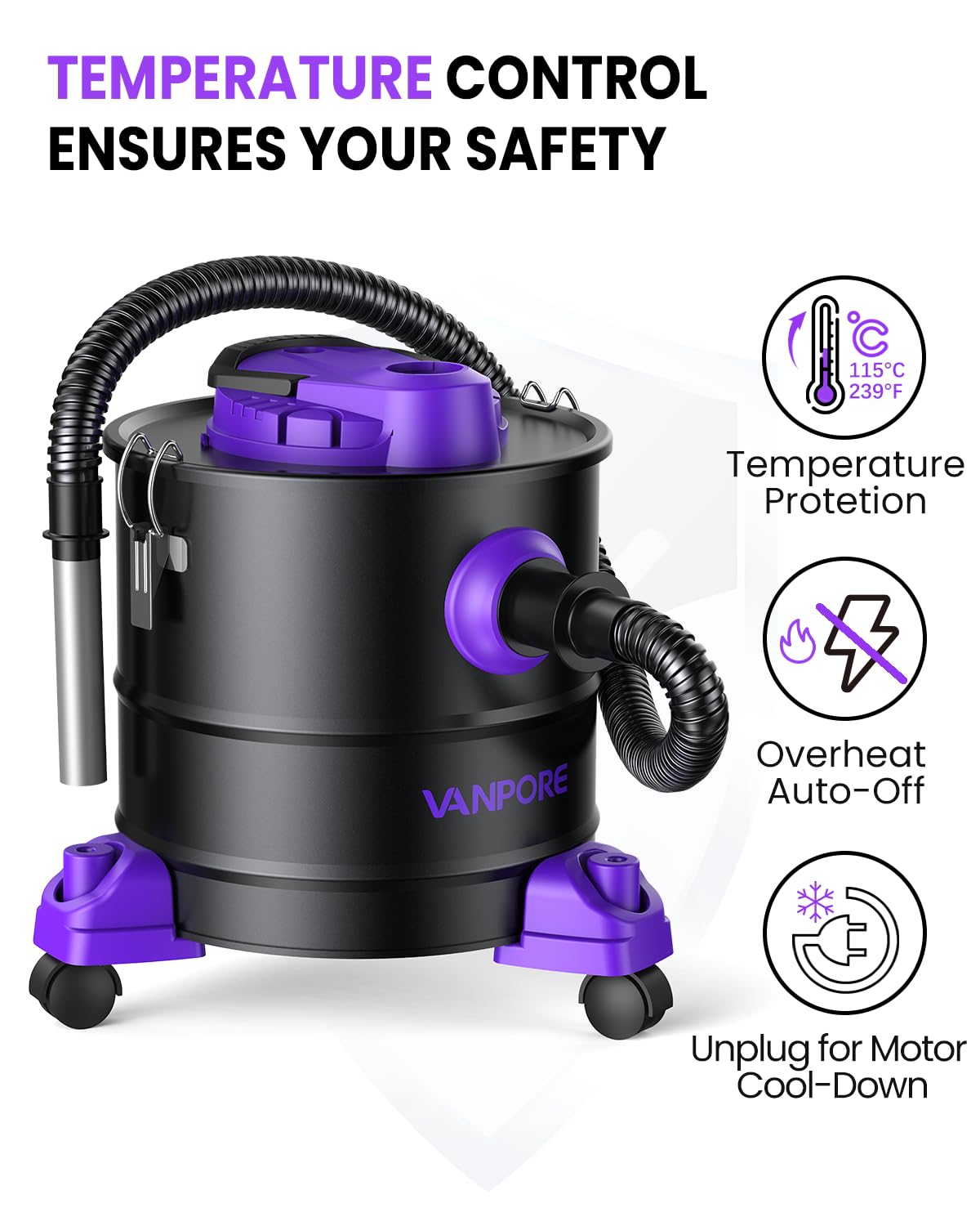 VANPORE Ash Vacuum for Pellet Stoves: 5.2 Gallon Fireplace Ash Vac with 1200w Powerful Suction & Wheeled Base - Ash Vacuum Cleaner for Fireplaces, Pellet Grill, Wood Stove, Fire Pits