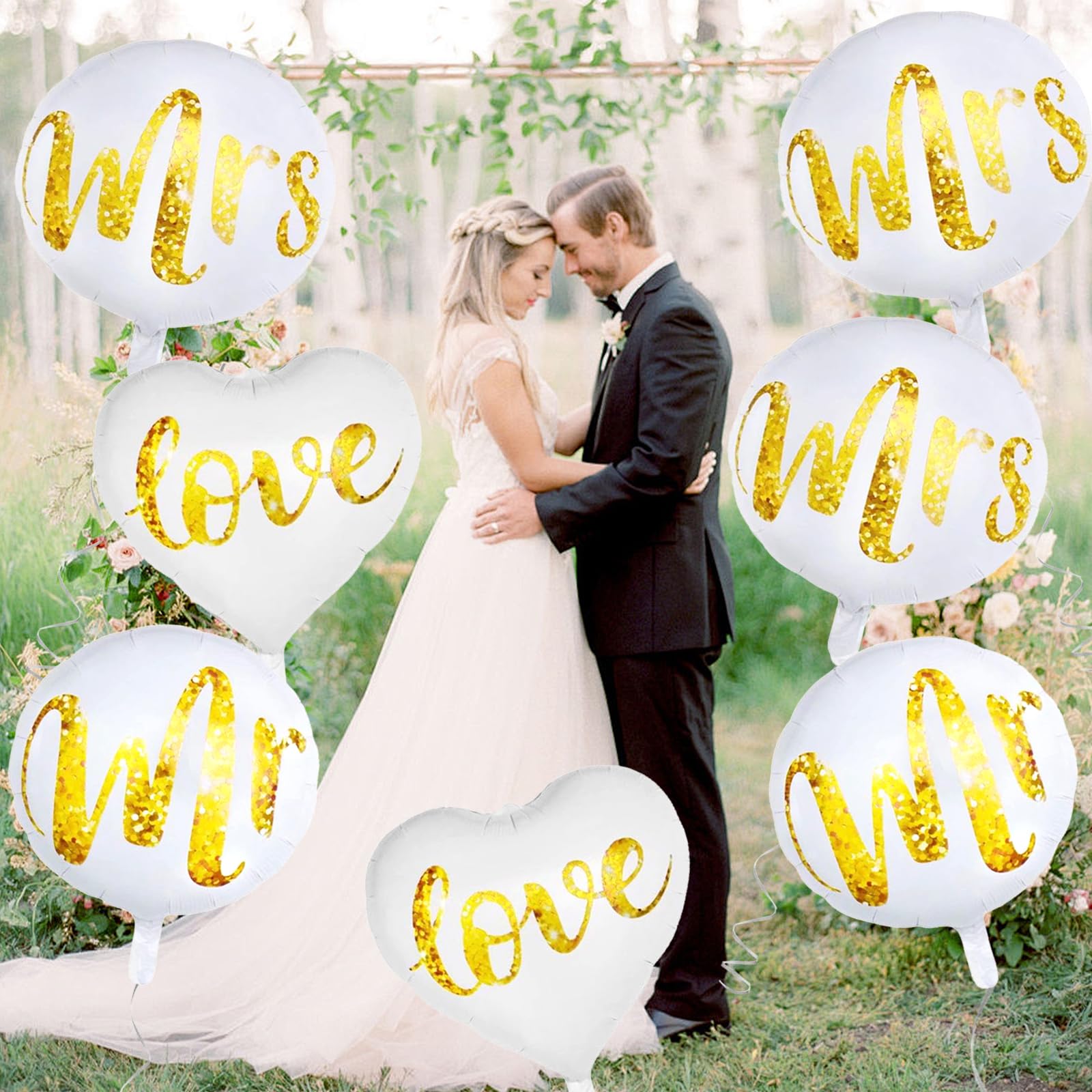 Totelux Wedding White Balloons Kit Glitter Mr Mrs Love Foil Balloons Round Heart Aluminum Balloons Set for Birthday Engagement Bridal Shower Party Decorations Supplies (9Pcs)