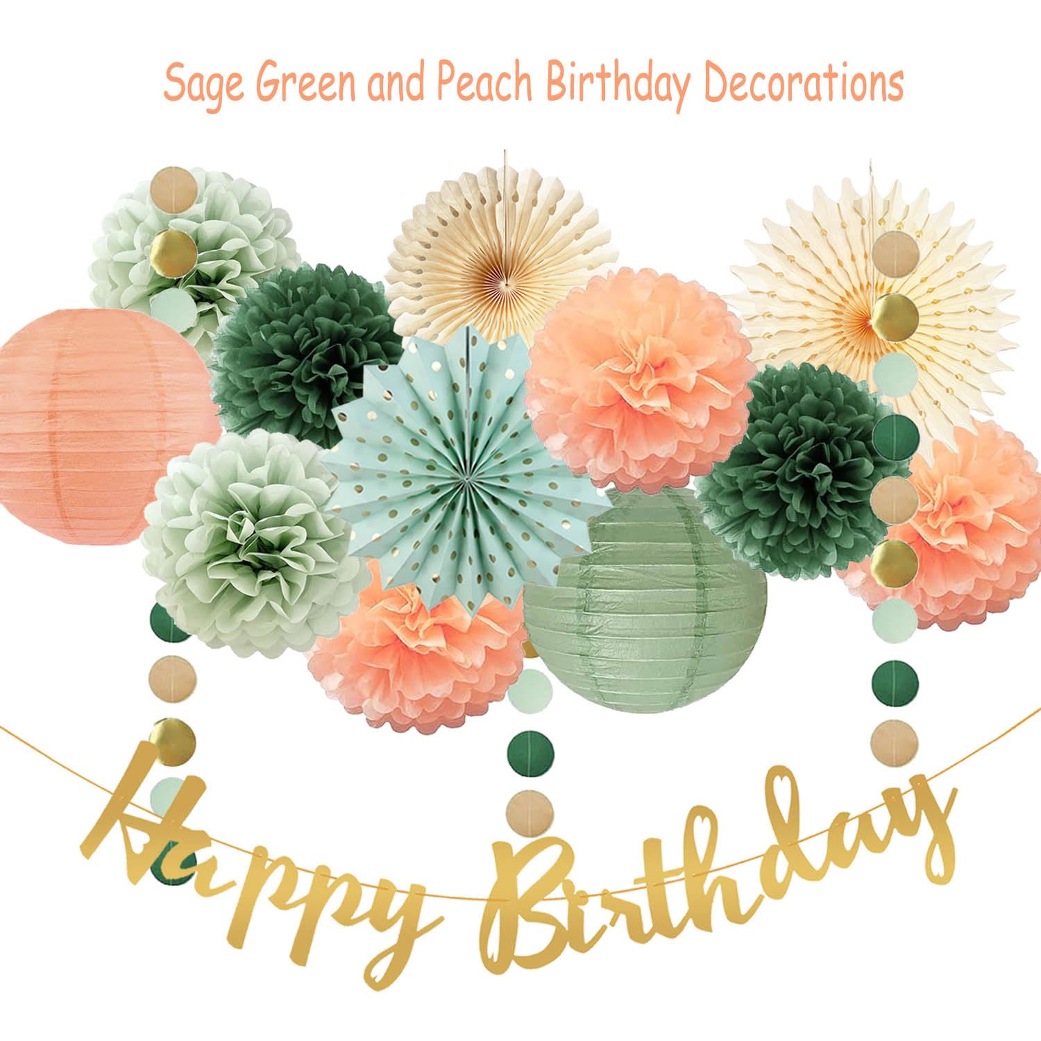 Sage Green and Peach Birthday Decorations Olive Sage Green Peach Tissue Paper Pom Poms Paper Lanterns Gold Happy Birthday Banner for Olive Sage Green and Peach Birthday Baby Shower Decorations