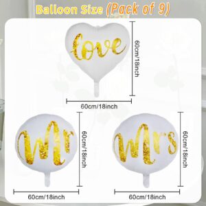 Totelux Wedding White Balloons Kit Glitter Mr Mrs Love Foil Balloons Round Heart Aluminum Balloons Set for Birthday Engagement Bridal Shower Party Decorations Supplies (9Pcs)