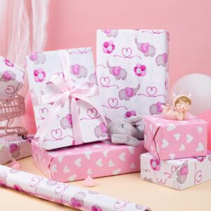 Flyhill Pink Adorable Elephant Baby Shower Wrapping Paper-Reversible Girly Baby Balloon & Love Heart Newborn Themed for Baby Shower,Birthday,Holiday-46.8sqft(17 In * 32.8 Ft)