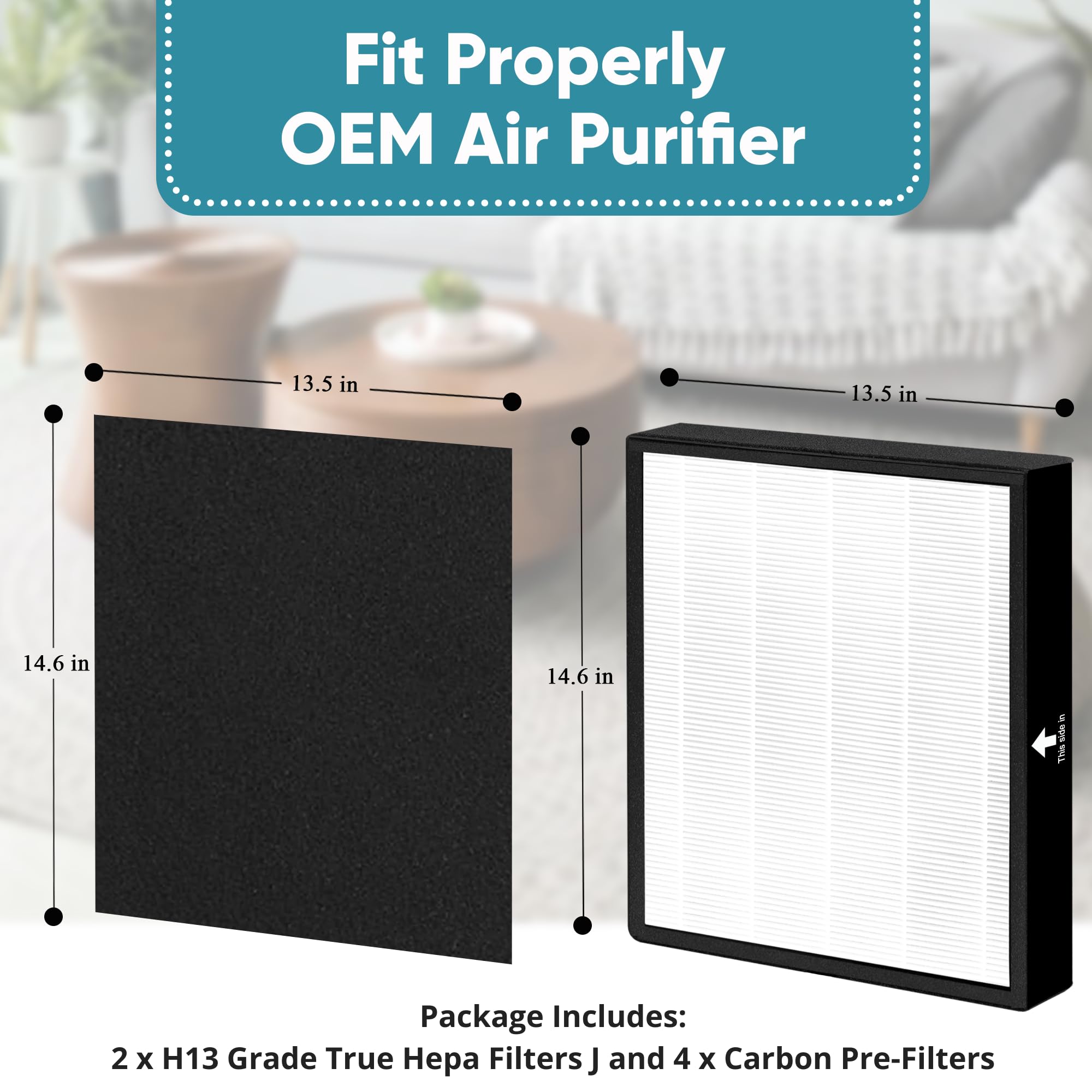 2 pack - FLT5900 Replacement Filter - J - Compatible with Germ Guardian AC5900WCA and AC5900WDLX Air Purifiers - 2 H13 Grade True Hepa Filters & 4 Carbon Pre-Filters - Part # FLT5900