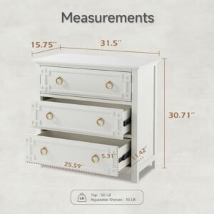 COZAYH Farmhouse 3-Drawer Dresser, Fully-Assembled French Country Chest of Drawers with Embossed Geometric Lines, Rustic Dresser for Bedroom, Living Room, White