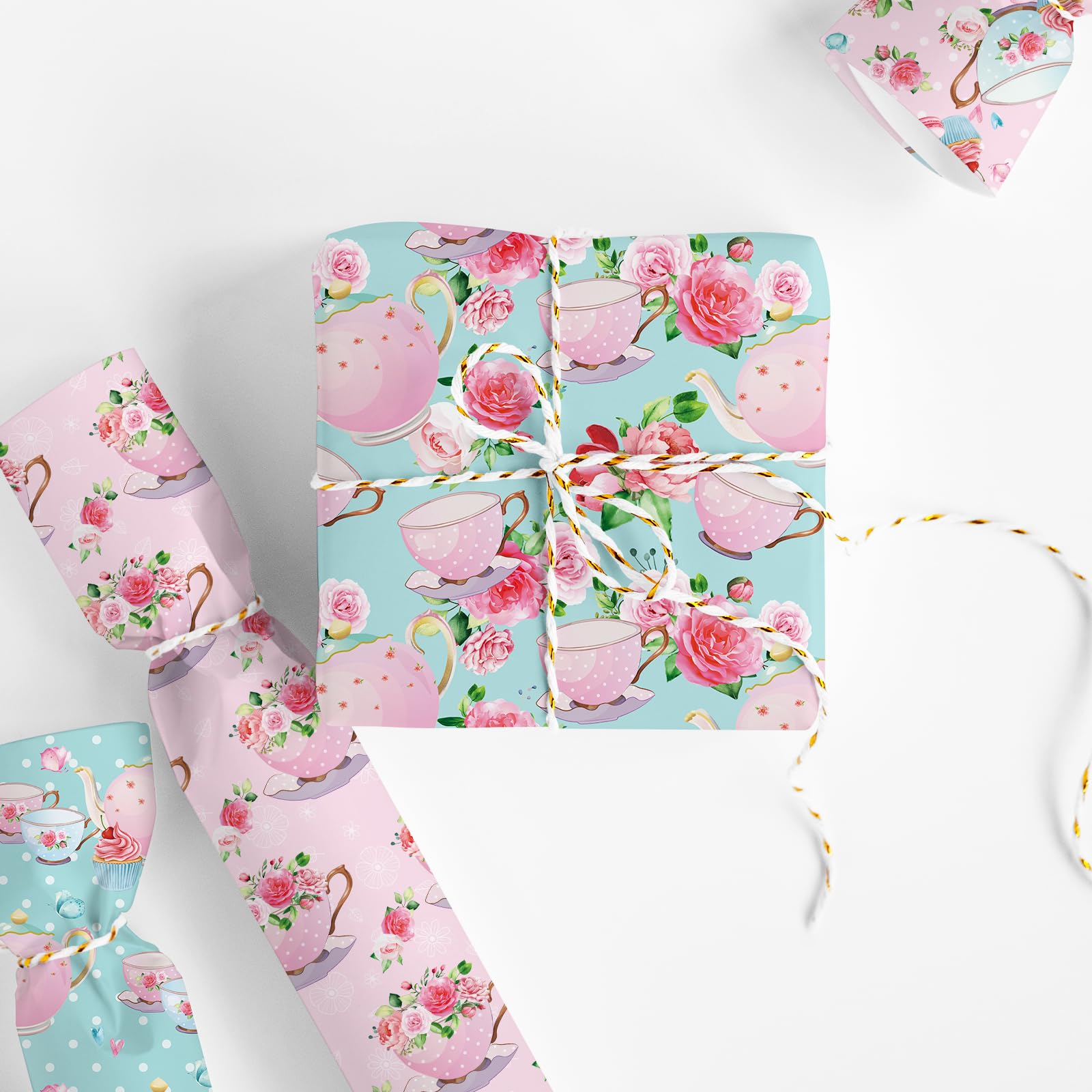 JarThenaAMCS 8 Sheet Tea Party Wrapping Paper -Not Roll- Watercolor Pink Floral Teapot Gift Wrap Paper Folded Flat Art Paper for DIY Crafts Gift Wrapping