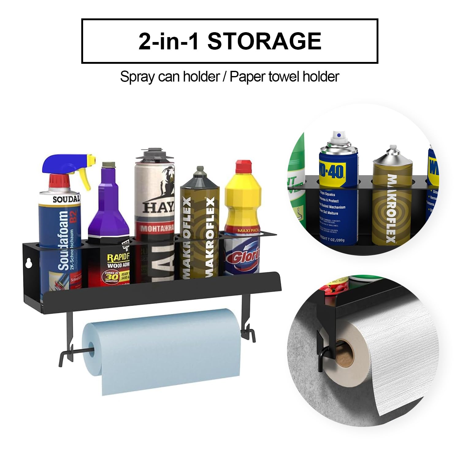 ABMISKAT 5 Spray Can and Paper Towel Holder, Black Wall Mount Steel Aerosol Paper Towel Shelf, Paint Bottle Storage Rack, Tool Organizer for Garage, Workspace and Home