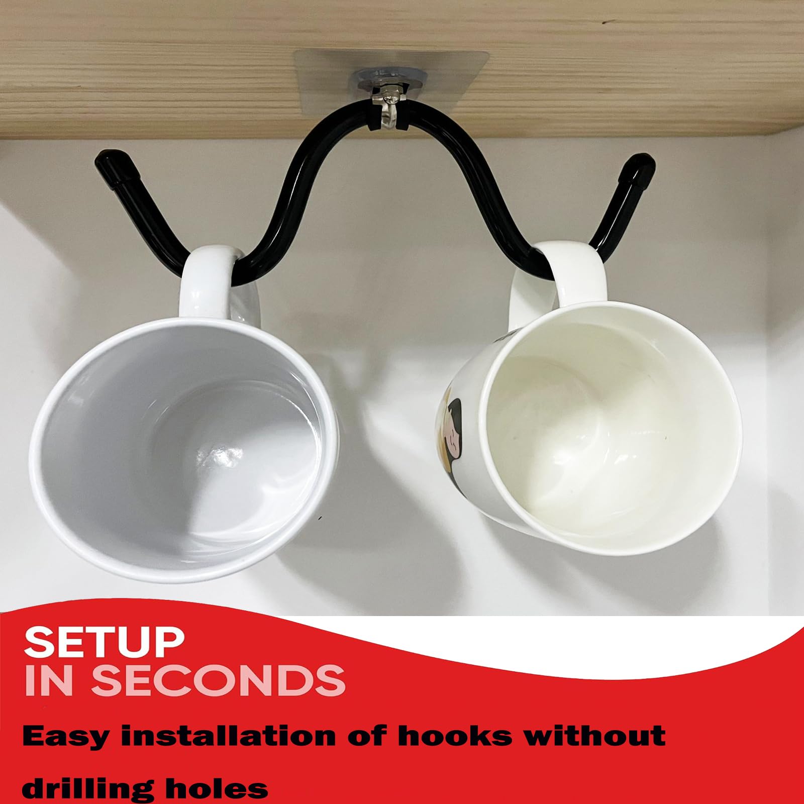 Pmsanzay Mug Cup Holder Under Cabinet Organizer - 2 Pack Self-Adhesive Cup Hooks Coffee Mug Holder,Mug Cup Storage Hanger,Coffee Bar Accessories for Kitchen, Pantry, Cabinet - No Drilling