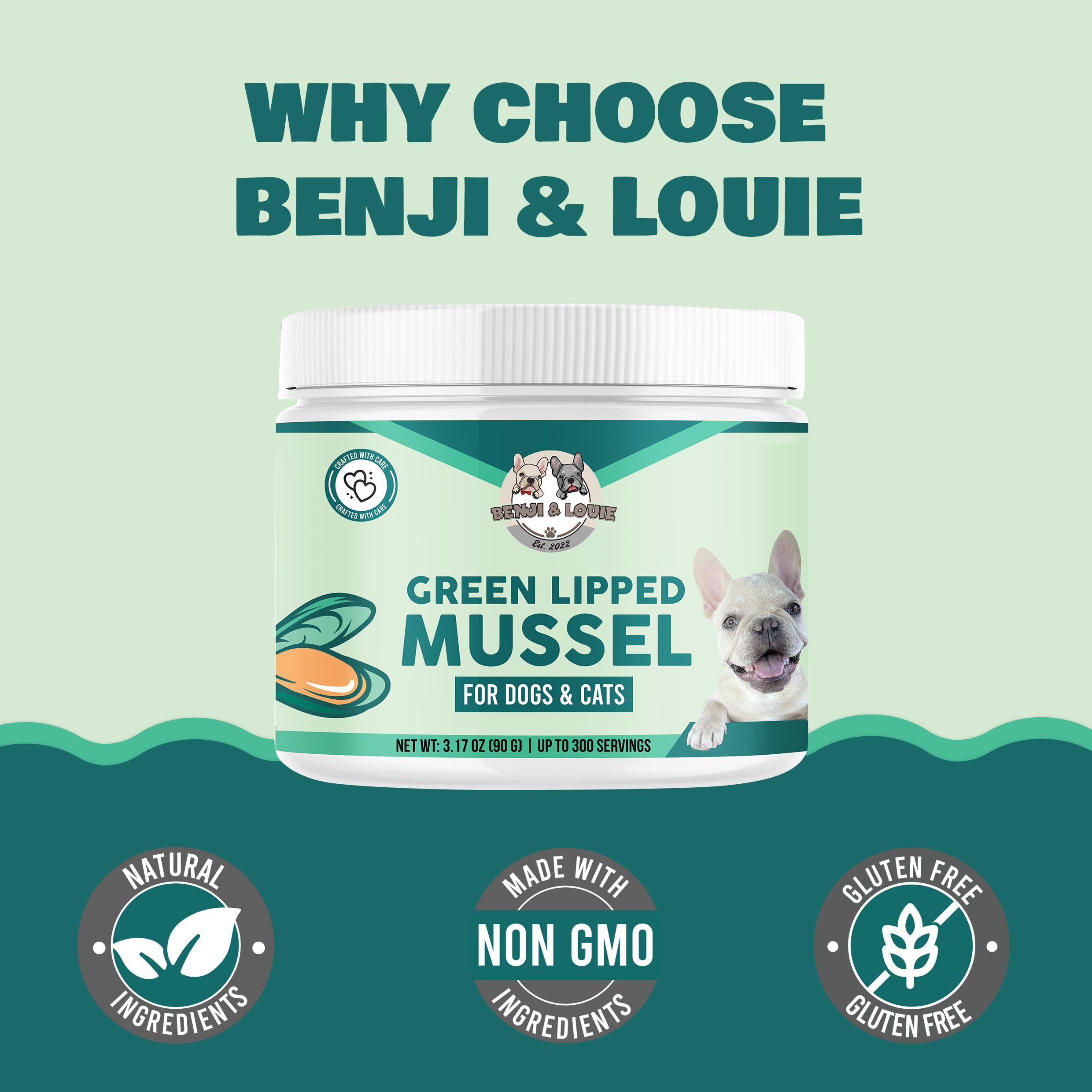 Benji & Louie Green Lipped Mussels Powder for Dogs and Cats 3.17 oz (90g) - 300 Servings - Sourced from USA - Rich in Omega-3 Fatty Acids for Joint, Skin & Coat Health, Made in USA