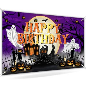 avezano halloween birthday banner halloween birthday backdrop kid halloween birthday decorations horror moon night halloween booday backdrop 70.8x43.3 inch, purple