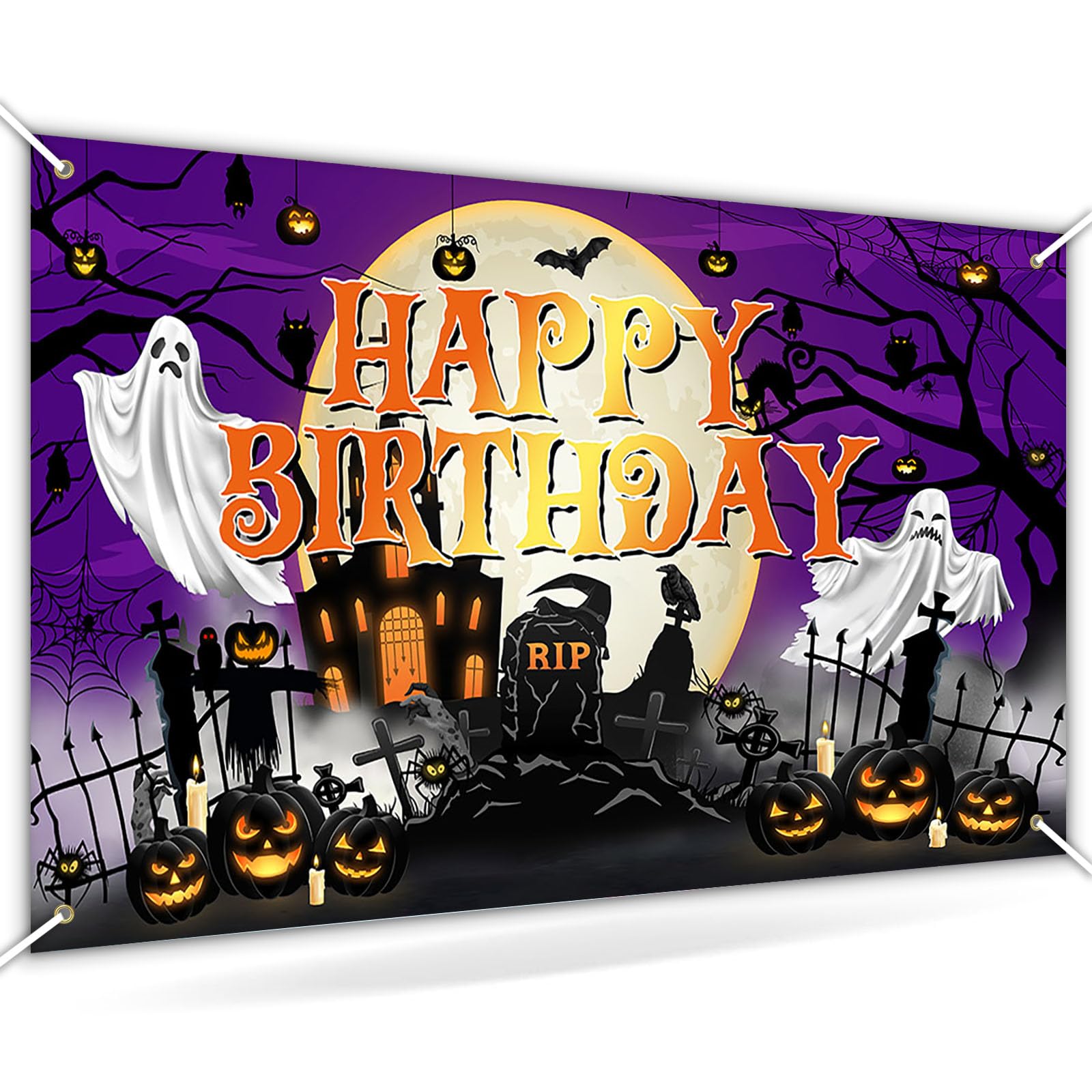 Avezano Halloween Birthday Banner Halloween Birthday Backdrop Kid Halloween Birthday Decorations Horror Moon Night Halloween Booday Backdrop 70.8x43.3 inch, Purple