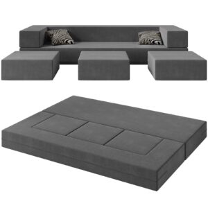 vivaadecor folding bed couch, 80''w floor foam sofa with 3ottomans& washable velvet cover,modular sectional sofa futon sleeper convertible memory mattress for guest room/playroom,queen,deep grey