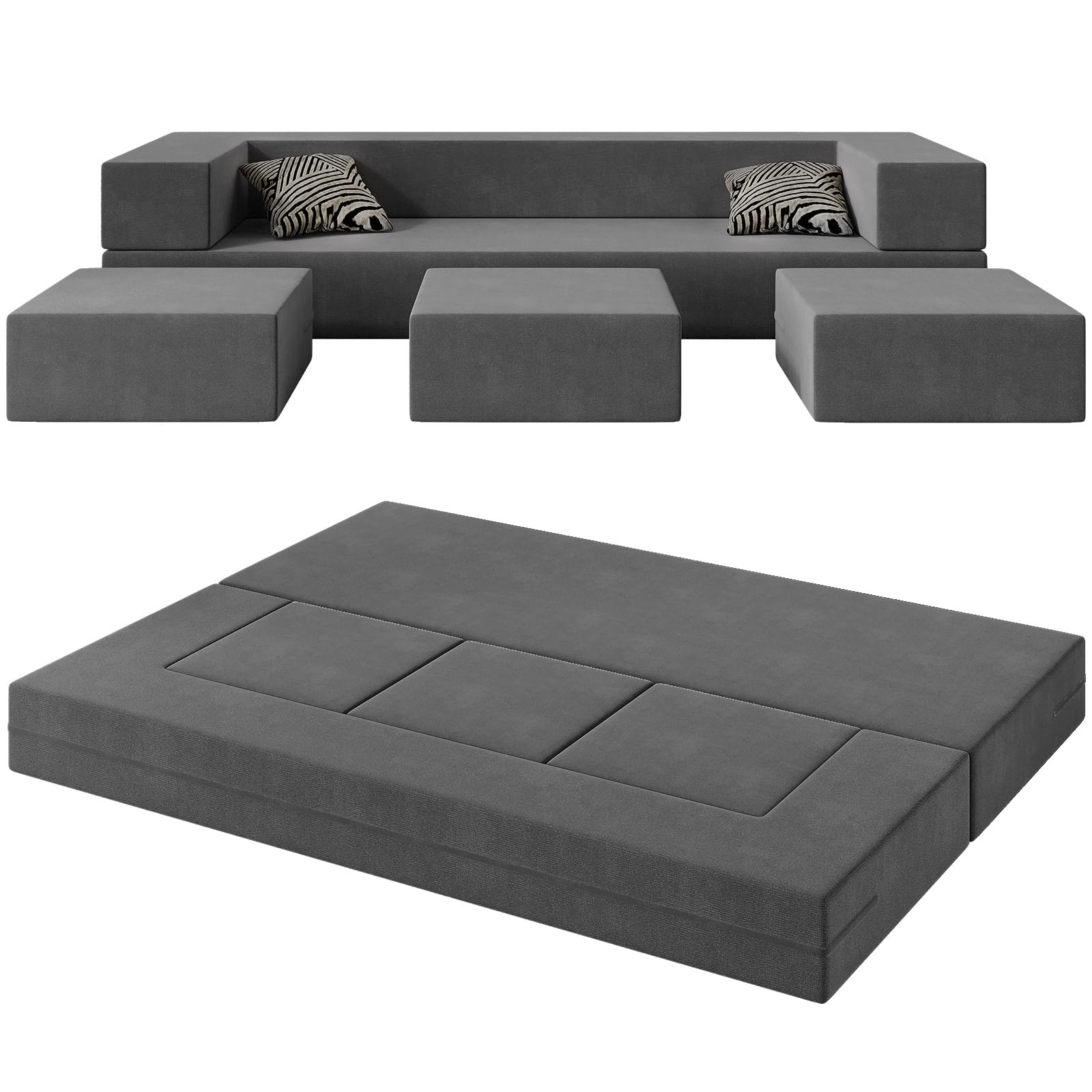 Vivaadecor Folding Bed Couch, 80''W Floor Foam Sofa with 3Ottomans& Washable Velvet Cover,Modular Sectional Sofa Futon Sleeper Convertible Memory Mattress for Guest Room/Playroom,Queen,Deep Grey